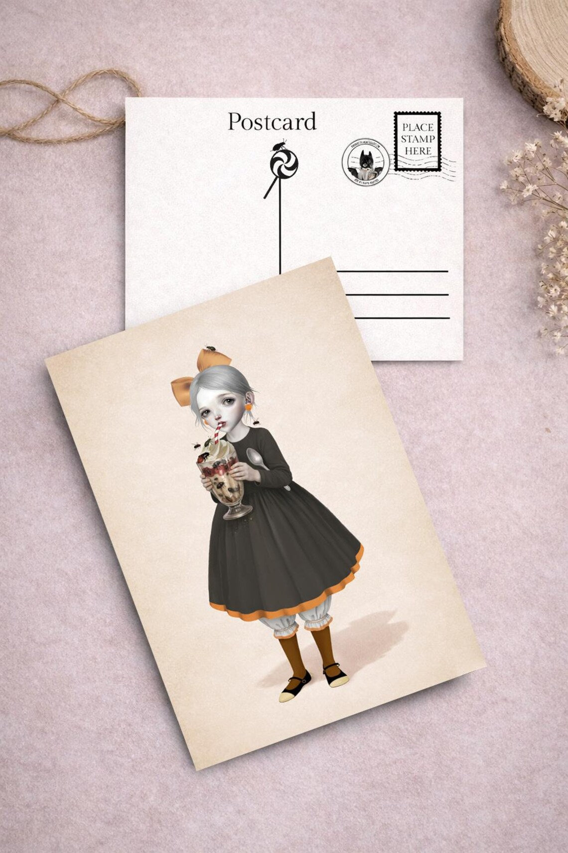 Girl And Creepy Crawlies Ice cream Sundae Art Postcard from the Creepy Cute Sweet Treats Postcard Set