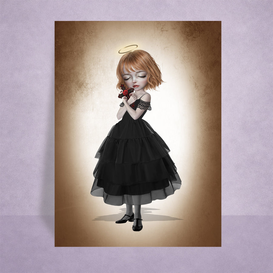 ACEO art card on lilac display featuring a gothic girl with a halo in a black dress holding a crucifix with a red rose.