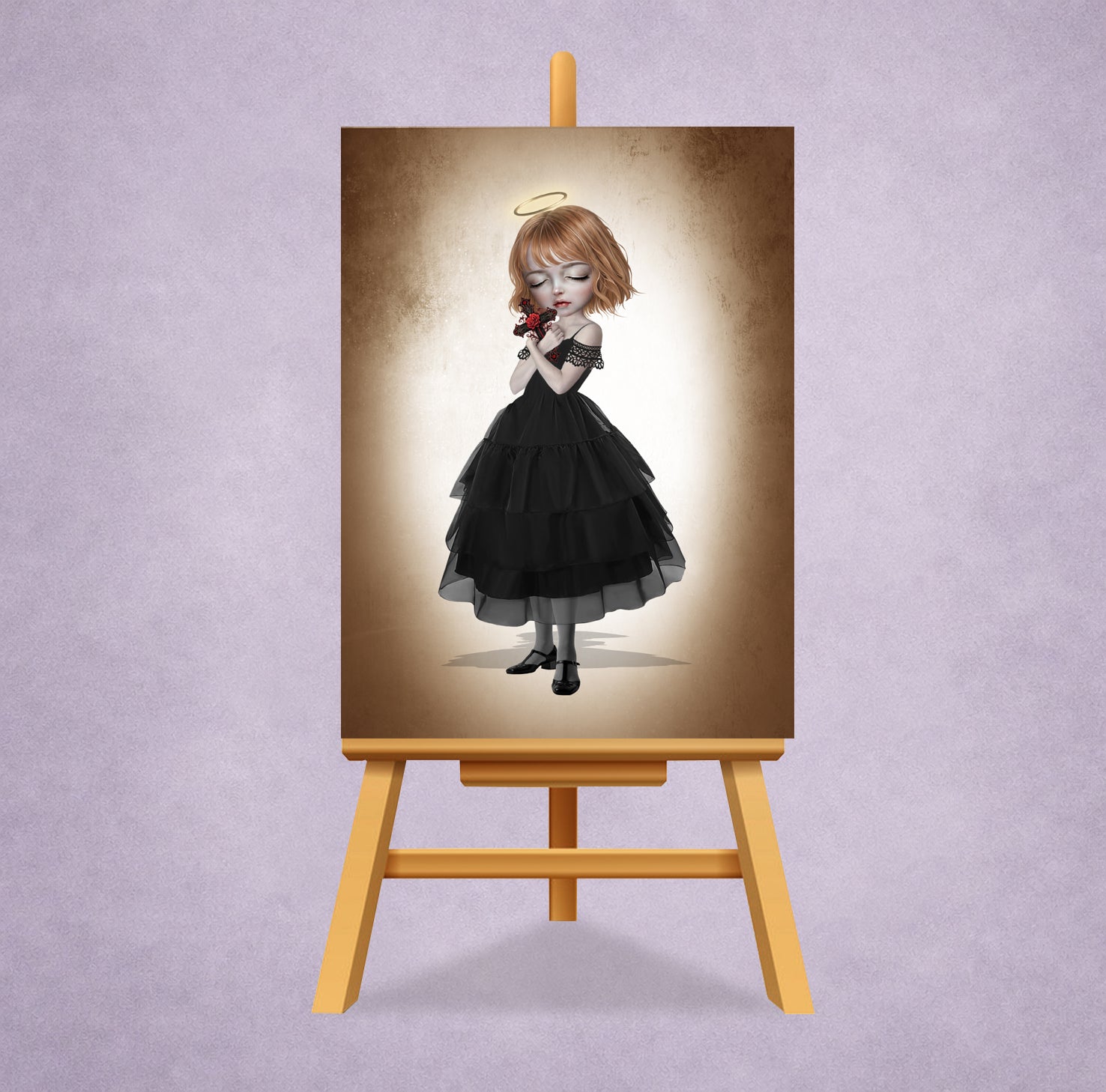 ACEO art card displayed on miniature display stand featuring a gothic girl with a halo in a black dress holding a crucifix with a red rose.