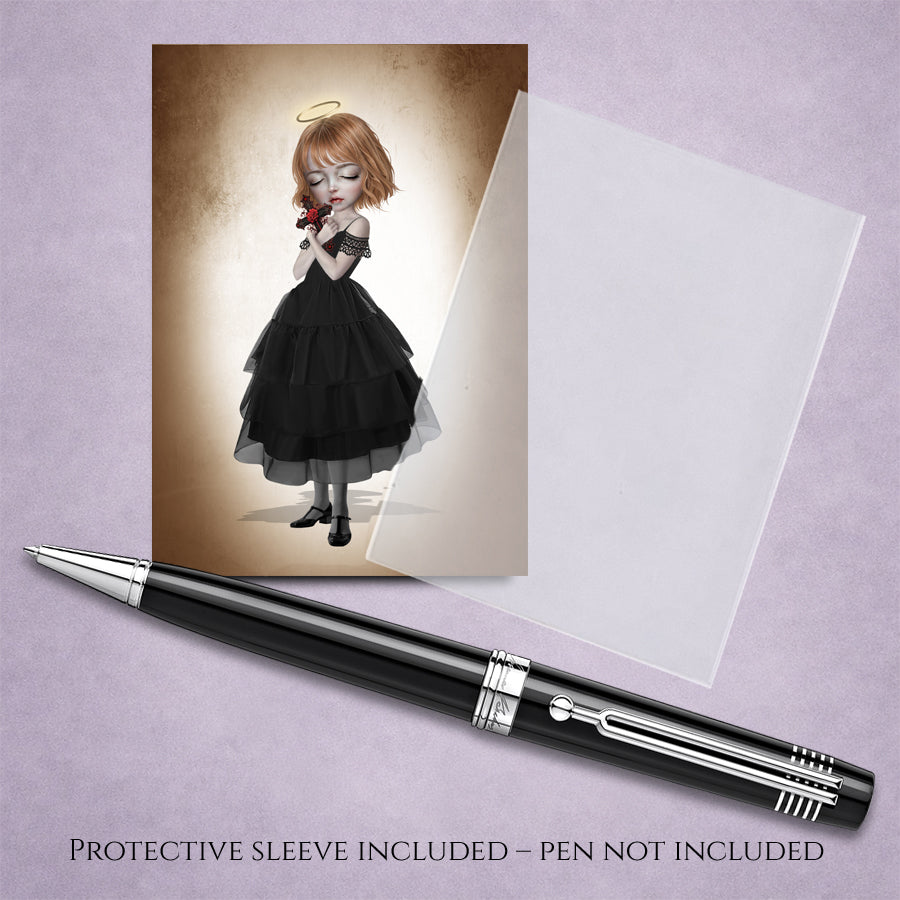 ACEO art card with protective sleeve featuring a gothic girl with a halo in a black dress holding a crucifix with a red rose.