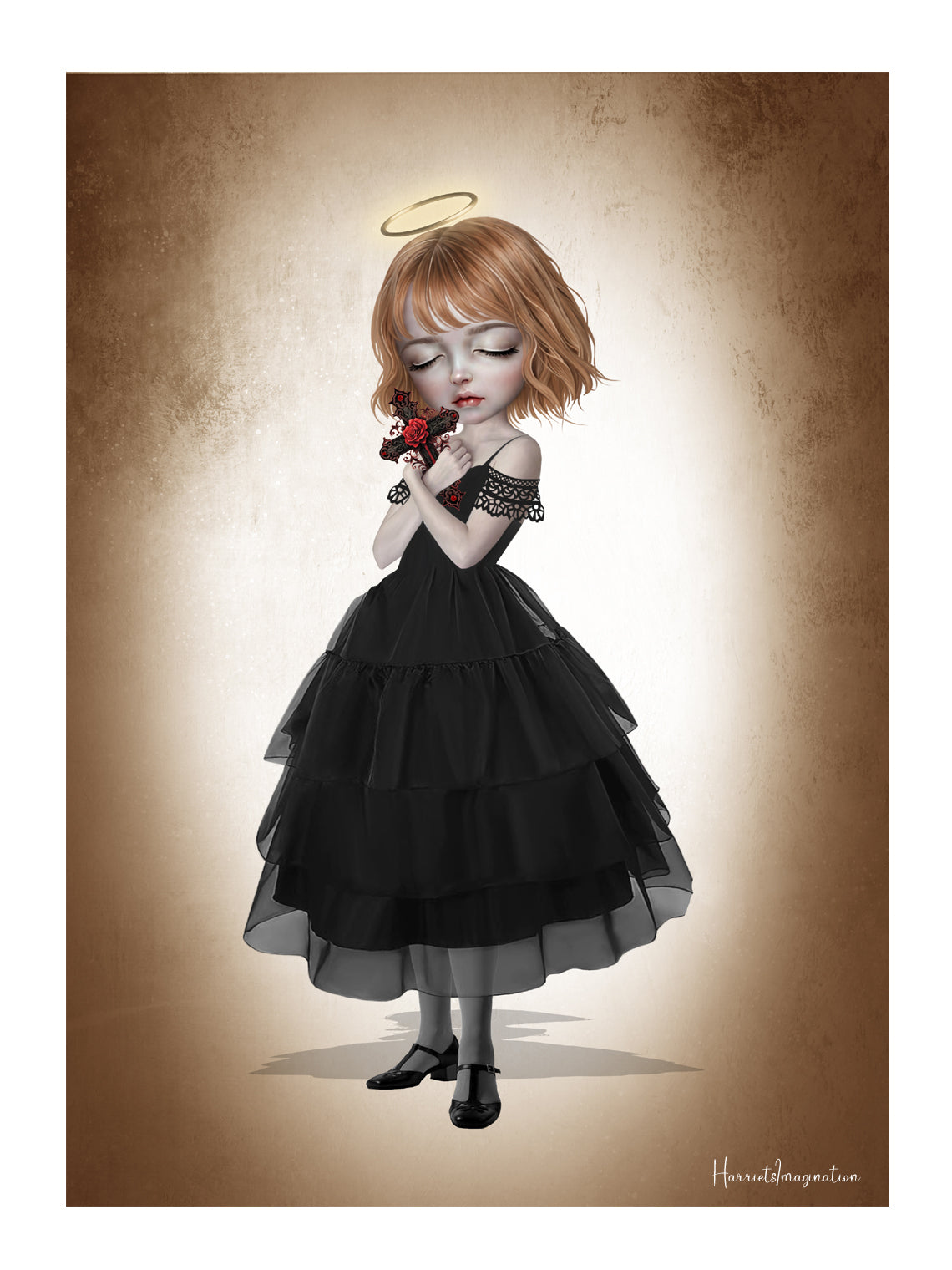 Fine art print of a dark fantasy girl with blonde hair and a gold halo, wearing a black tiered dress and holding an ornate crucifix with a red rose.