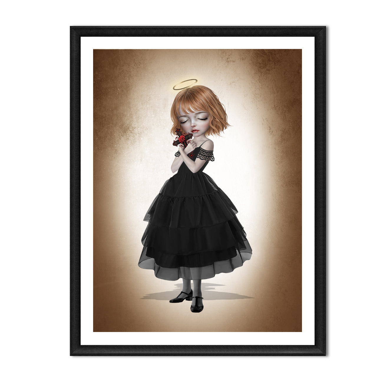 Fine art print in an A4 Frame of a dark fantasy girl with blonde hair and a gold halo, wearing a black tiered dress and holding an ornate crucifix with a red rose.