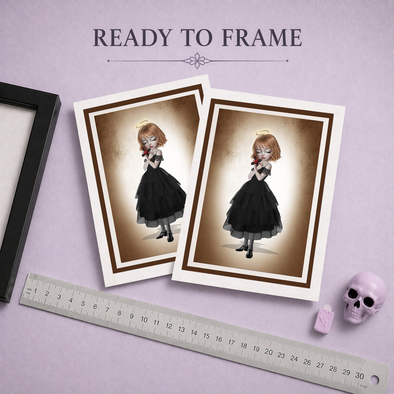Ready to frame blank gothic art greeting card featuring an angelic girl holding a crucifix, displayed with an envelope and lavender sprigs.