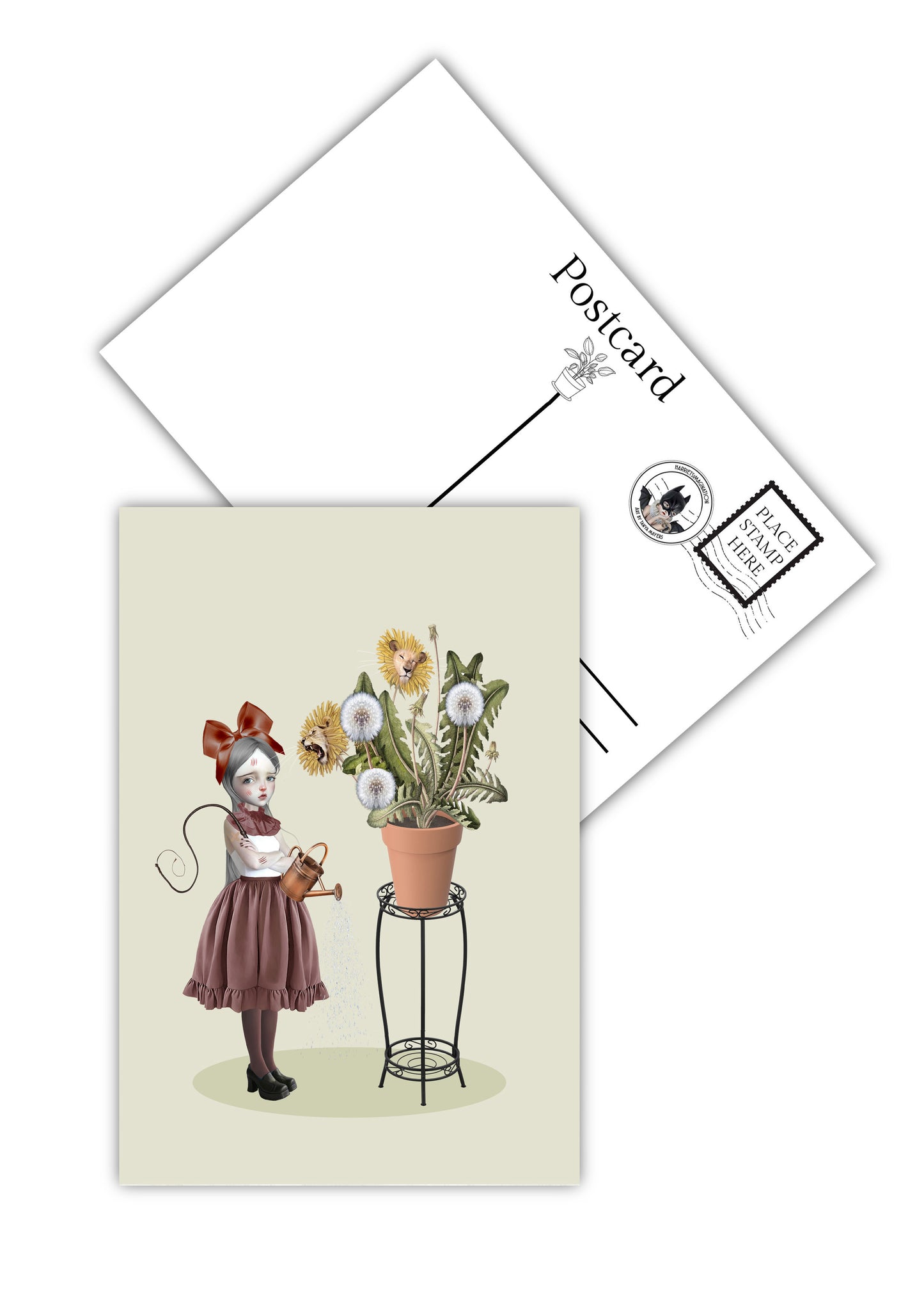 Girl and dandelion postcard showing front whimsical quirky design and matte back for writing messages.