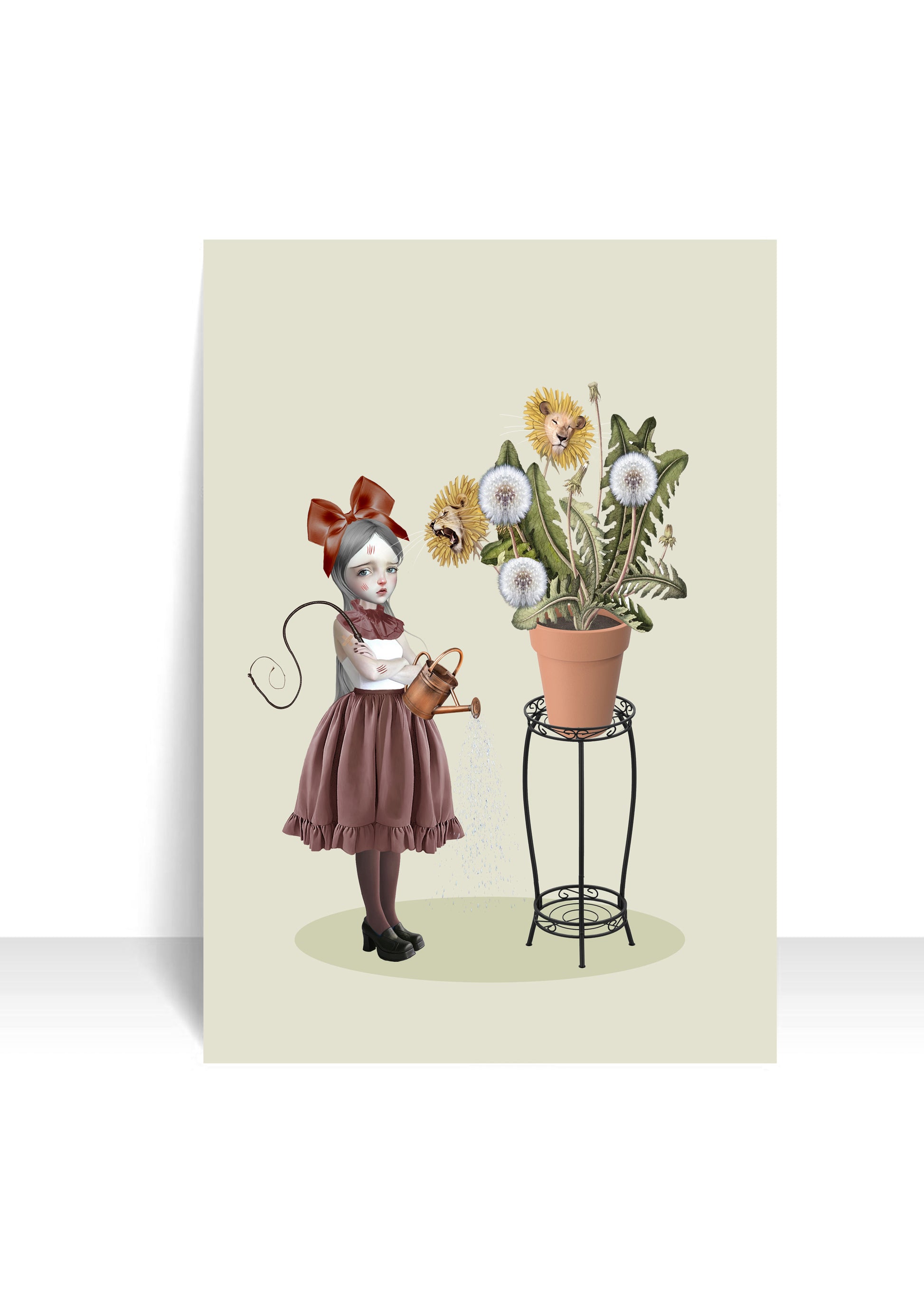 Girl and dandelion postcard featuring whimsical quirky art design on a white background