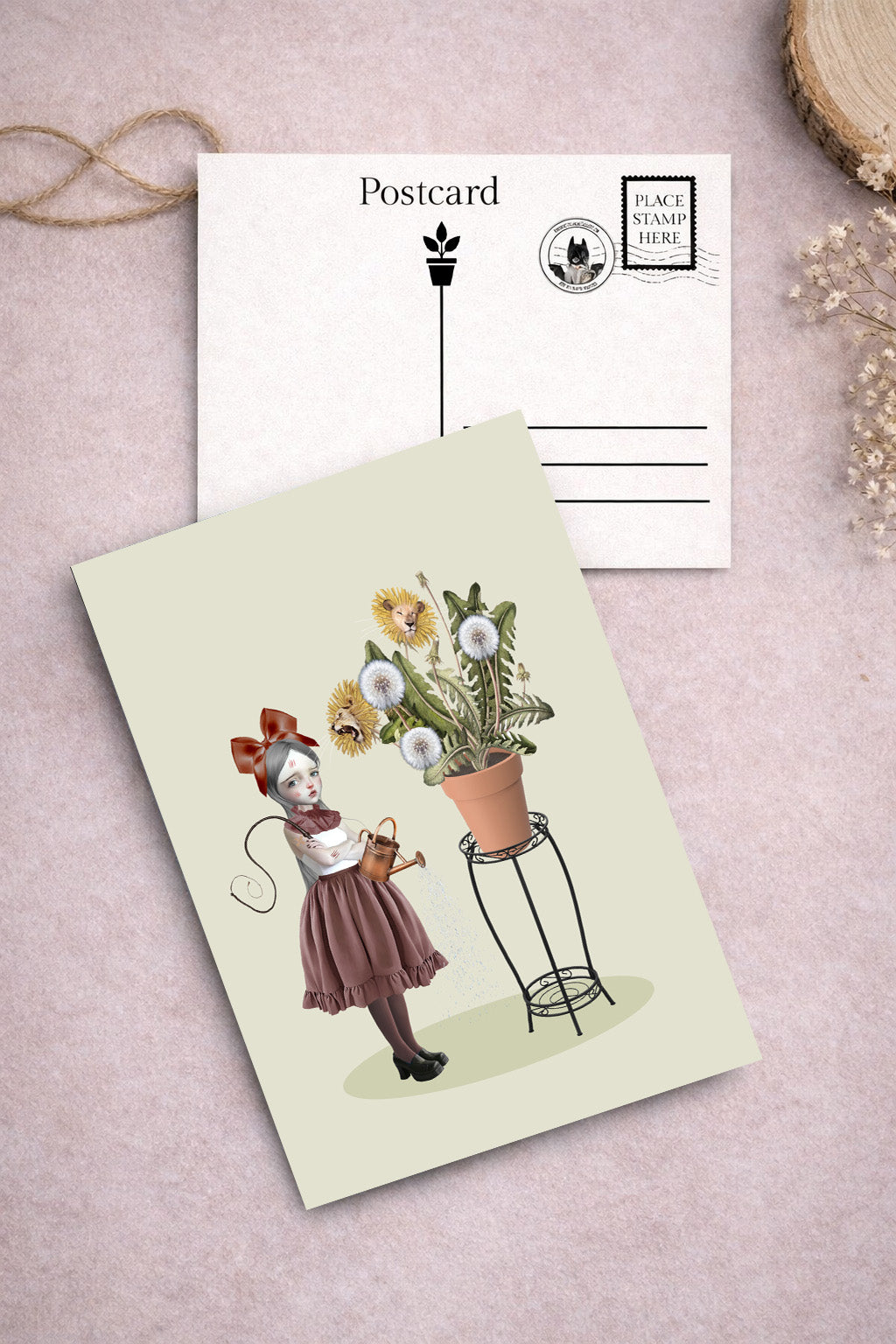 girl and dandelions postcard part of the quirky botanical postcards set.