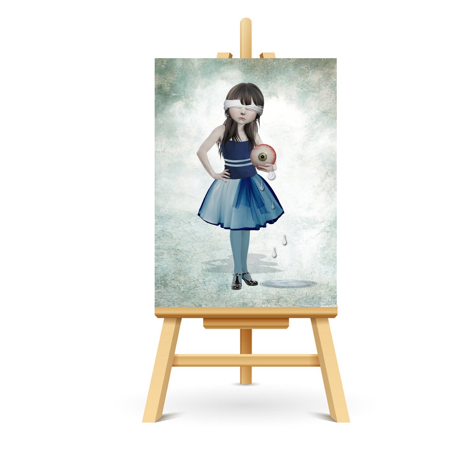 Girl and giant eyeball ACEO art displayed on a stand. Miniature art print showcasing eclectic style.