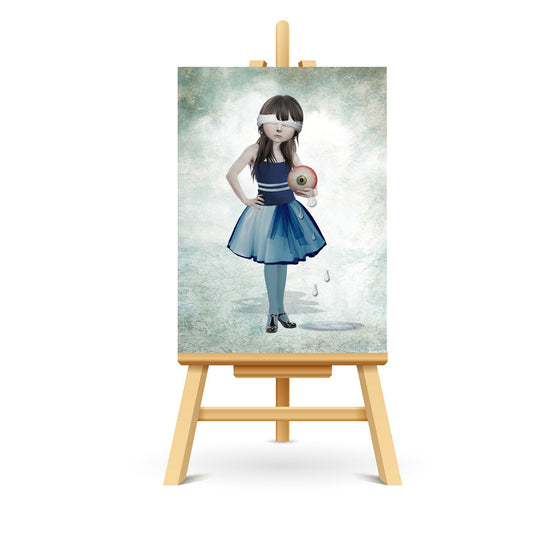 Girl and giant eyeball ACEO art displayed on a stand. Miniature art print showcasing eclectic style.