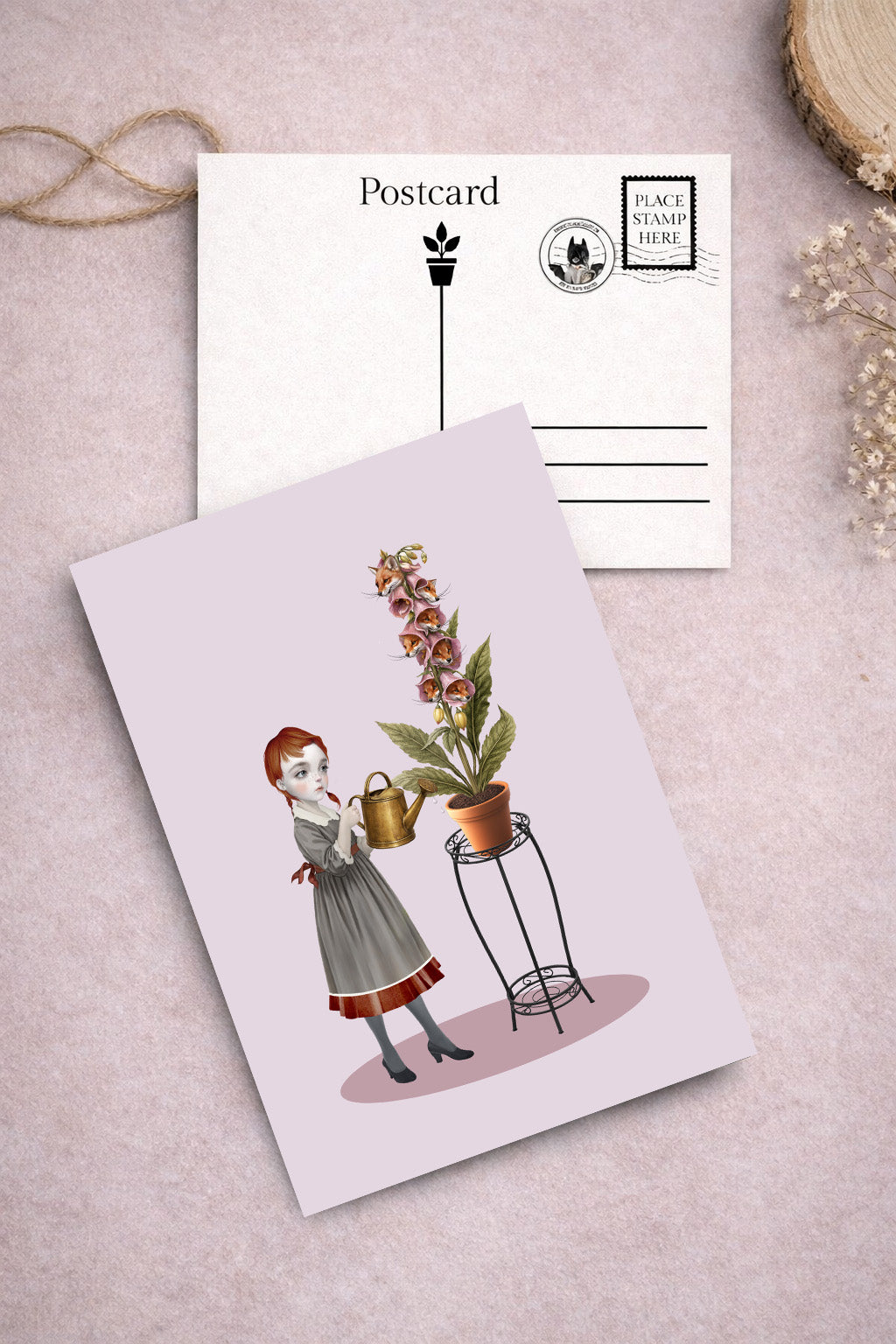 girl and foxglove postcard part of the quirky botanical postcards set.