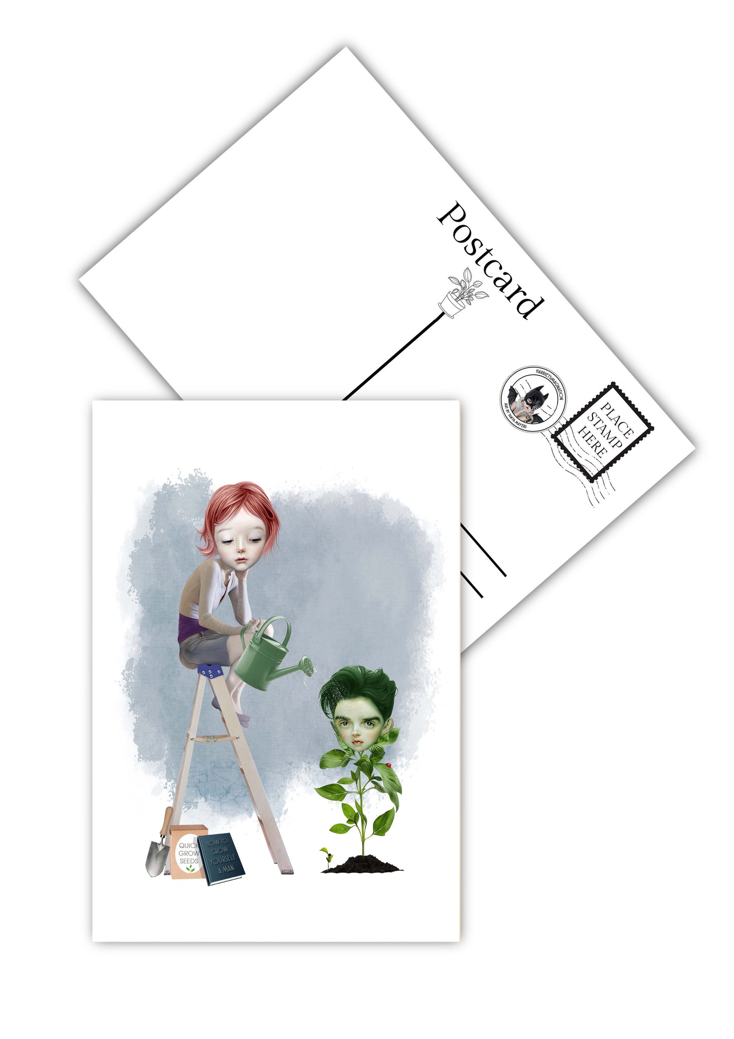 Girl and man plant postcard showing front whimsical gothic design and matte back for writing messages