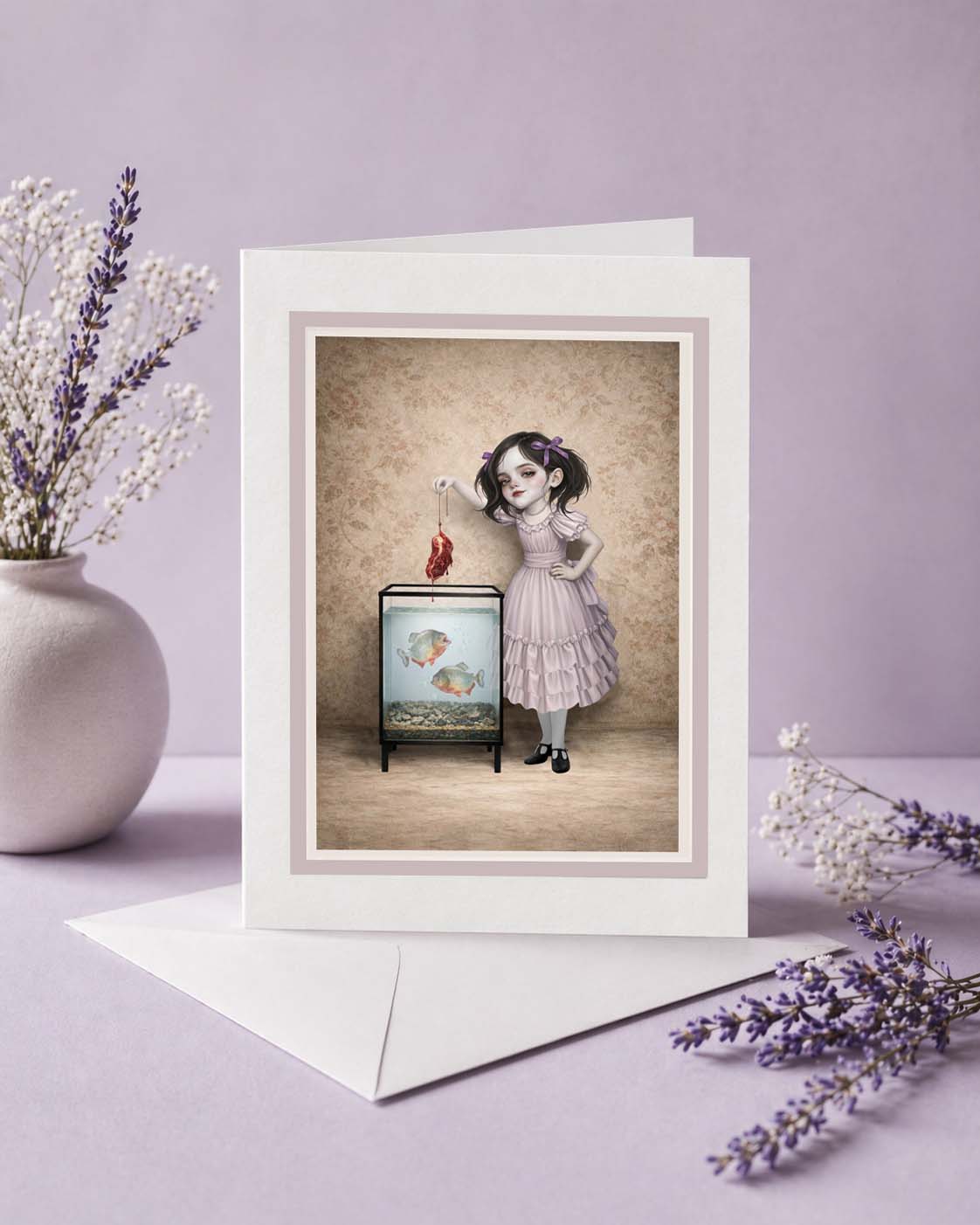Greeting card with a vintage-style illustration of a quirky girl and piranha tank on a purple background