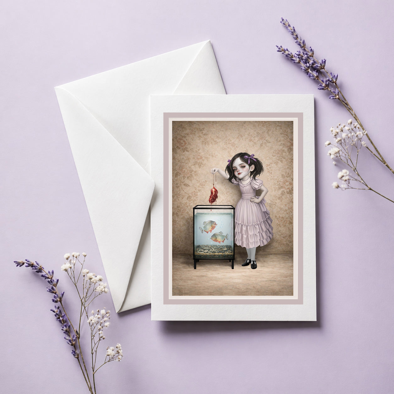 Greeting card of a girl in a pink dress feeding meat to her pet piranhas on purple background.
