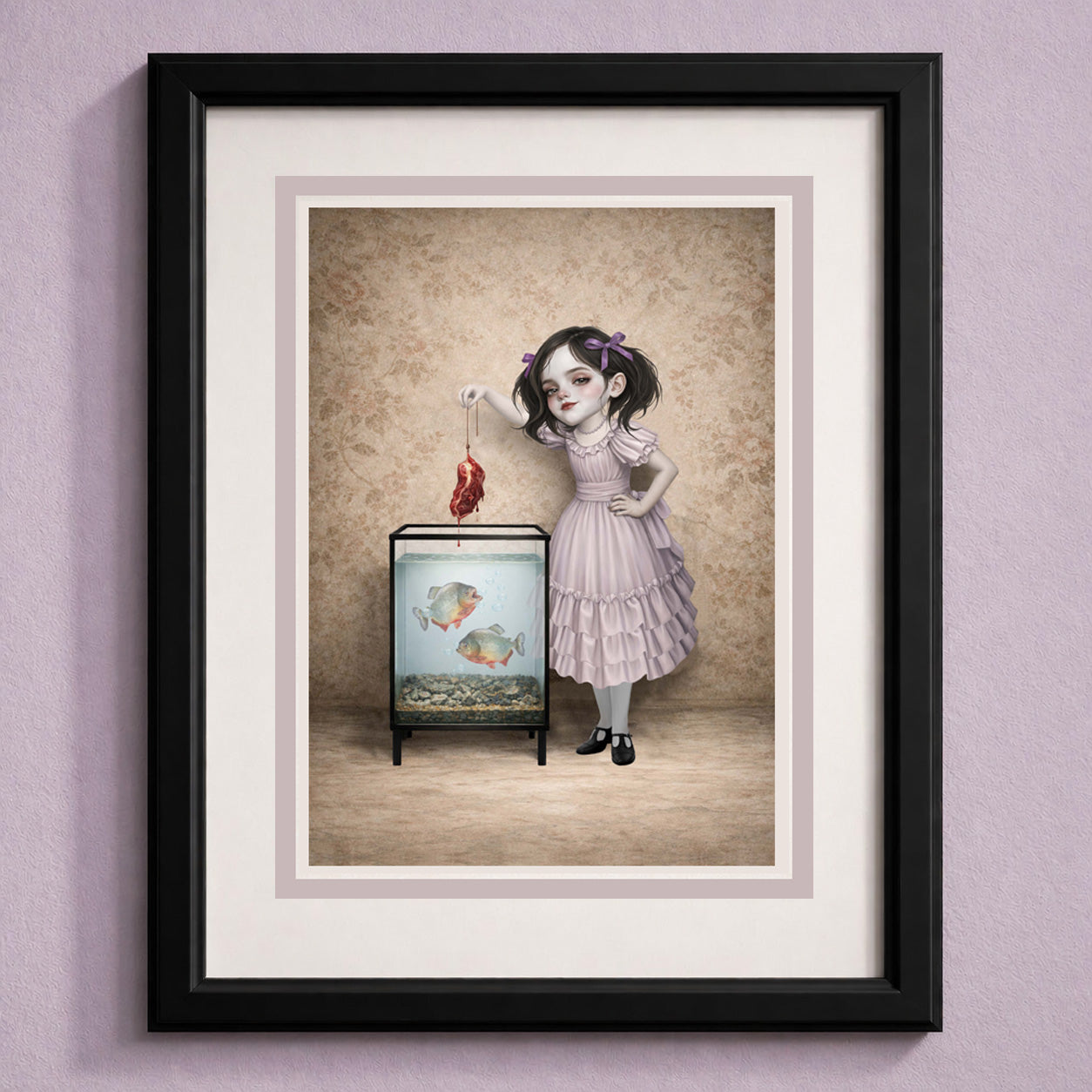 Girl And Piranha Fish Art Greeting Card in a frame on a white background.