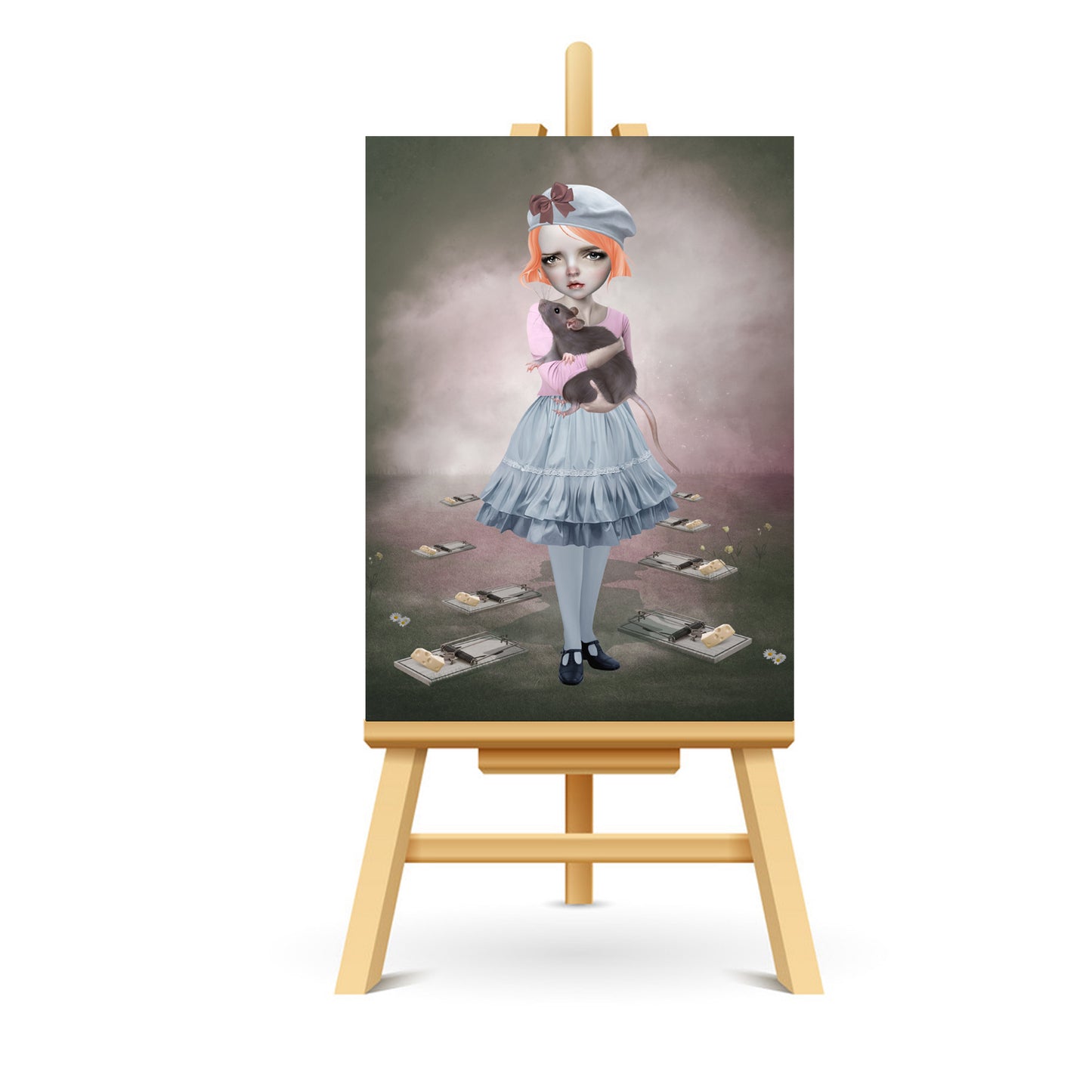 Girl And Rat ACEO art displayed on a stand. Miniature art print showcasing pop surrealism style.