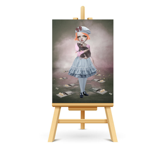 Girl And Rat ACEO art displayed on a stand. Miniature art print showcasing pop surrealism style.