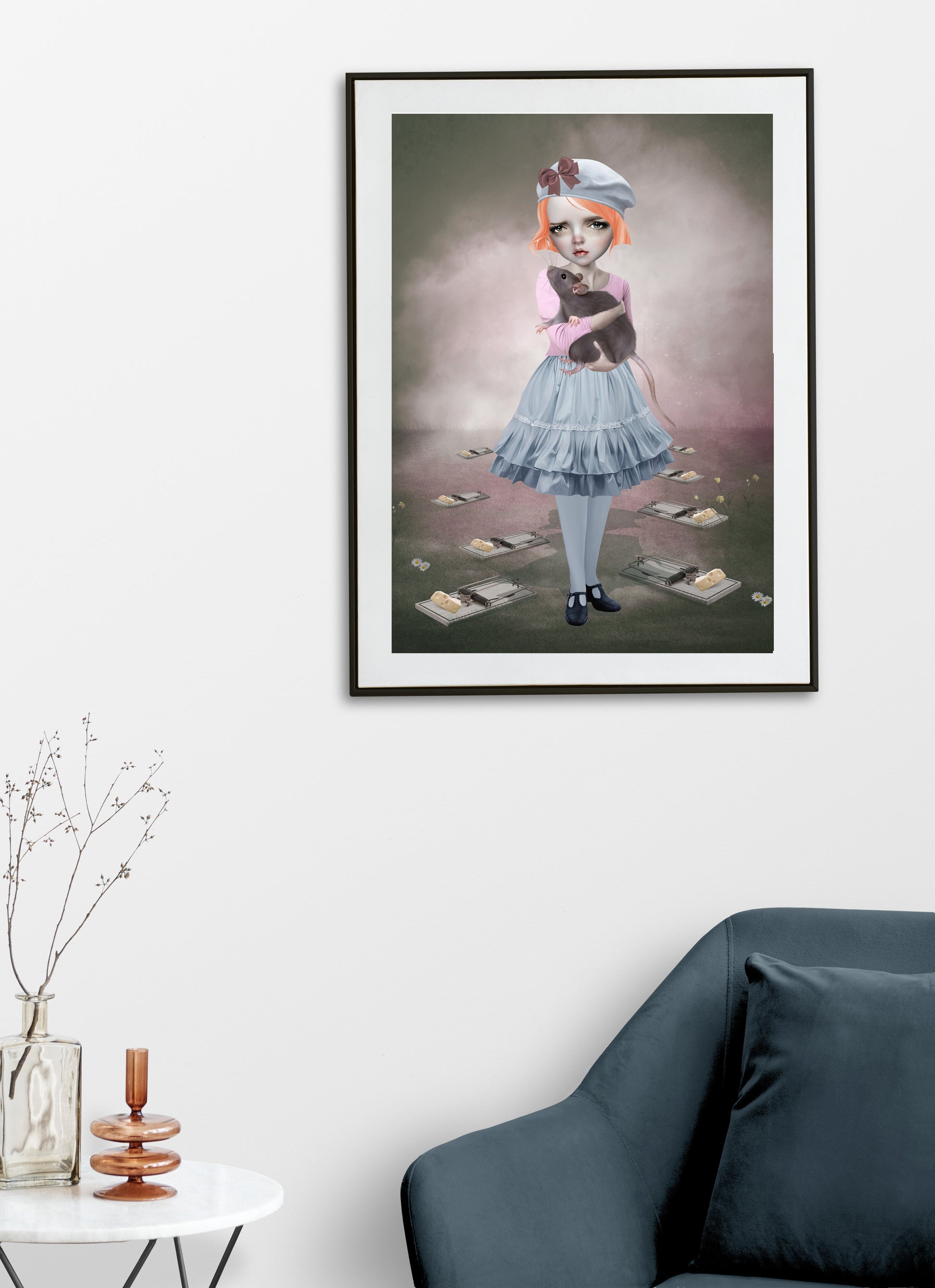 Girl and rat art print hanging on the wall of a modern living room. Perfect for adding a pop surrealism touch to home decor.