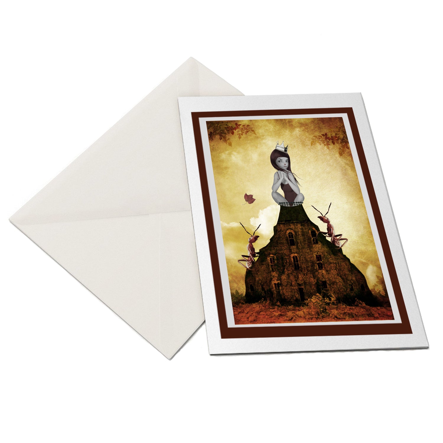 Pop surrealism card features an enchanting girl wearing a crown, perched atop an anthill surrounded by red ants. 