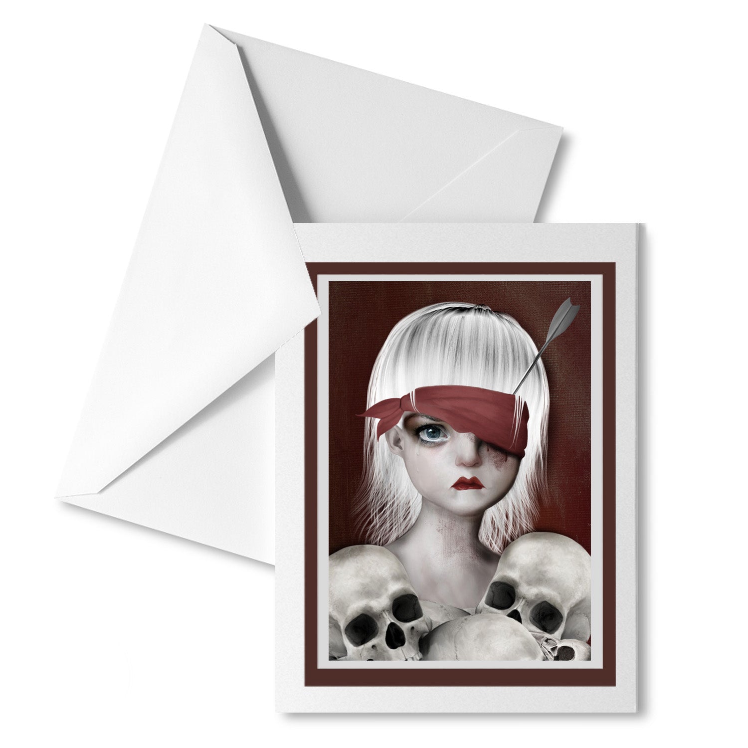 Macabre Girl and Skulls Art Greeting Card features a girl with an arrow in her eye, surrounded by human skulls.