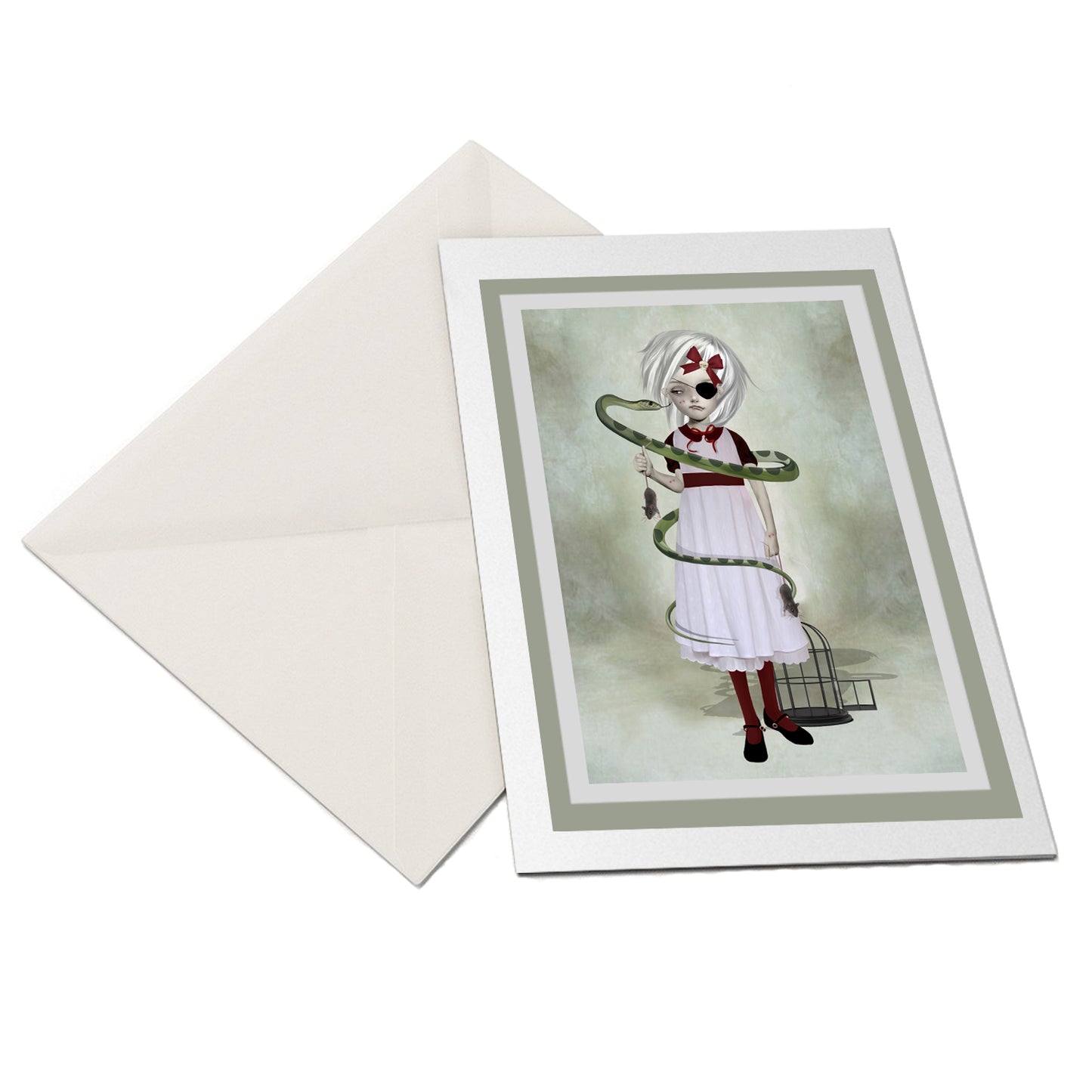 The flat-lay of a girl with snake greeting card and matching envelope is ideal for any occasion.