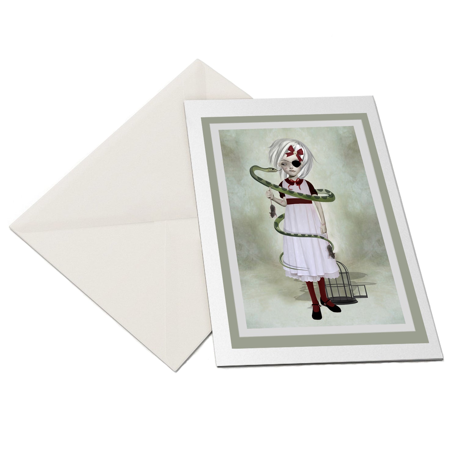 The flat-lay of a girl with snake greeting card and matching envelope is ideal for any occasion.