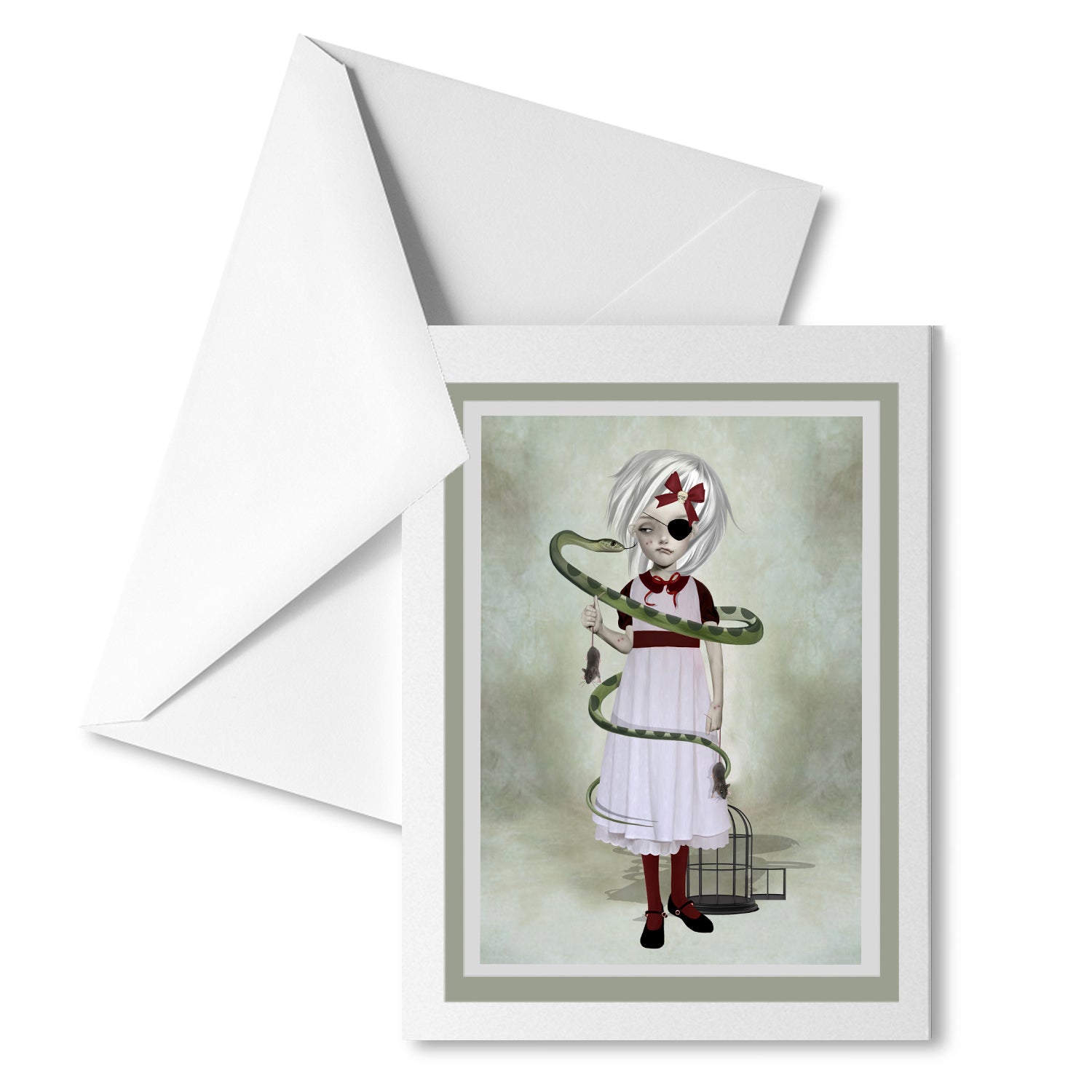 Girl with snake coiled around her greeting card with matching envelope, perfect for sending a quirky, whimsical message.