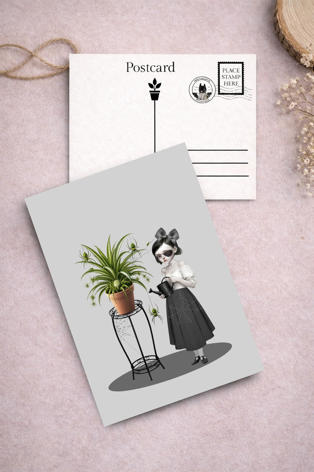 girl and spider plant postcard part of the quirky botanical postcards set.
