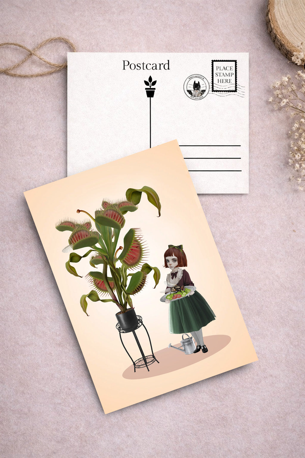 girl and venus flytrap postcard part of the quirky botanical postcards set.