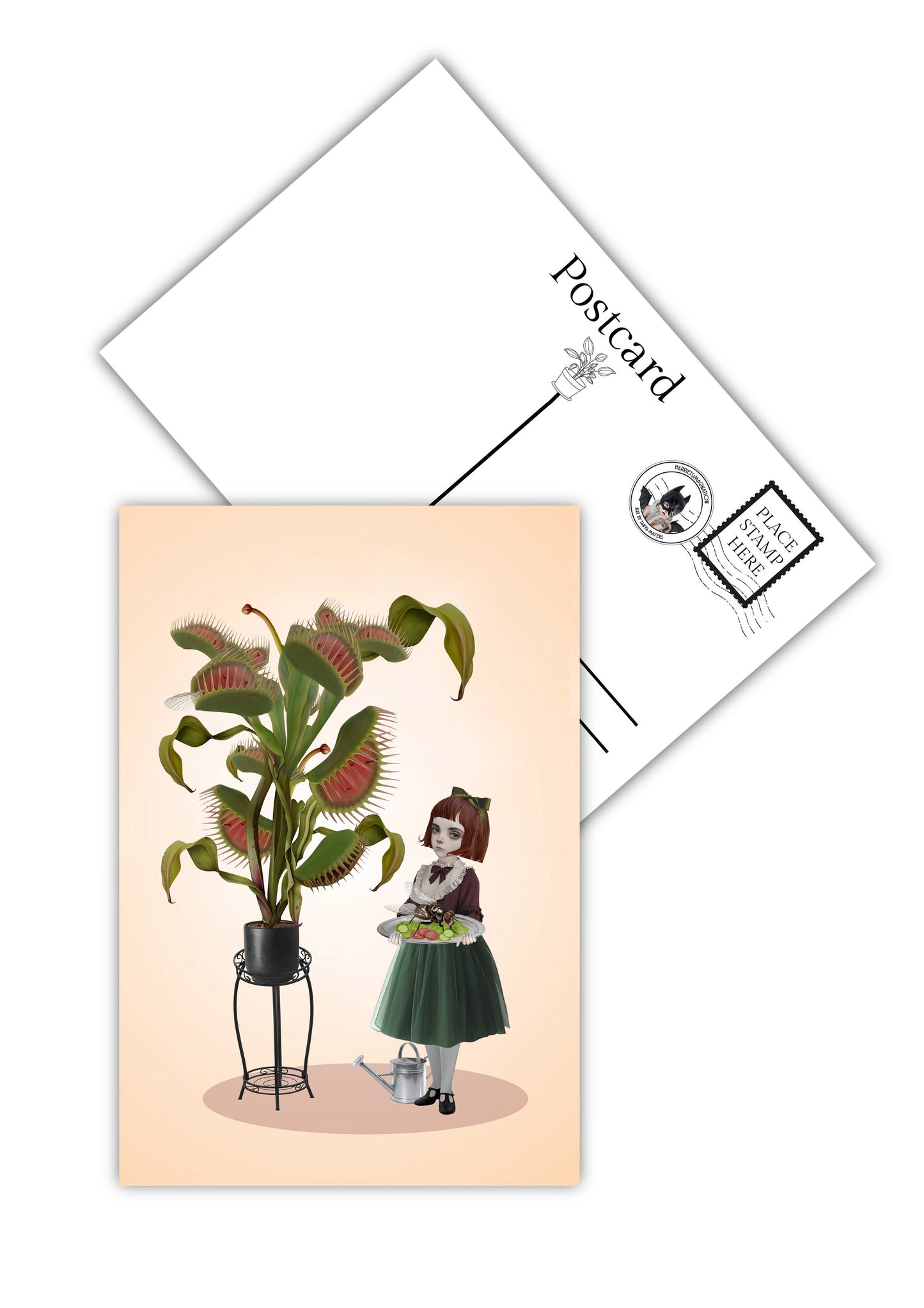 Girl and venus flytrap postcard showing front quirky plant design and matte back for writing messages