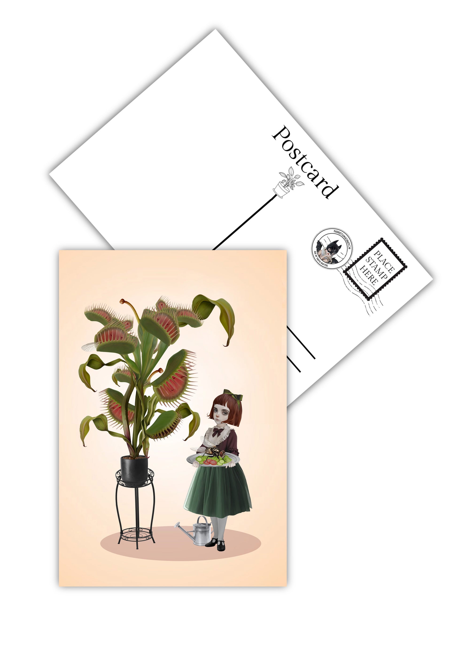 Girl and venus flytrap postcard showing front quirky plant design and matte back for writing messages