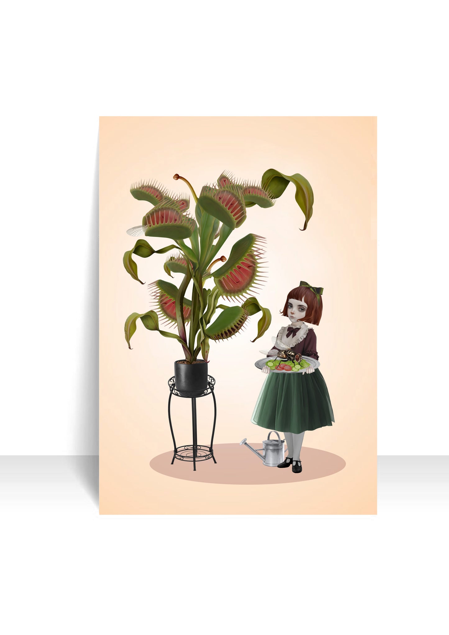 Girl with venus flytrap postcard featuring quirky plant art design on a white background