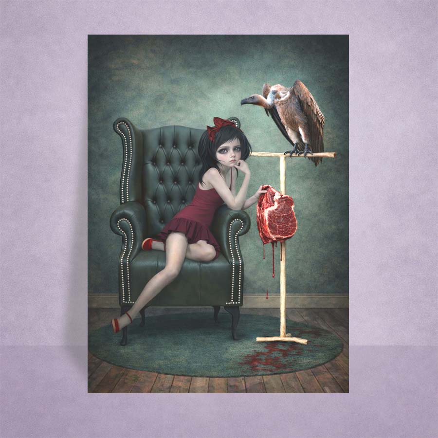 ACEO Card displayed on lilac background, Illustration  of a girl in a red dress sitting on a green chair in a room with her pet vulture on a stand.