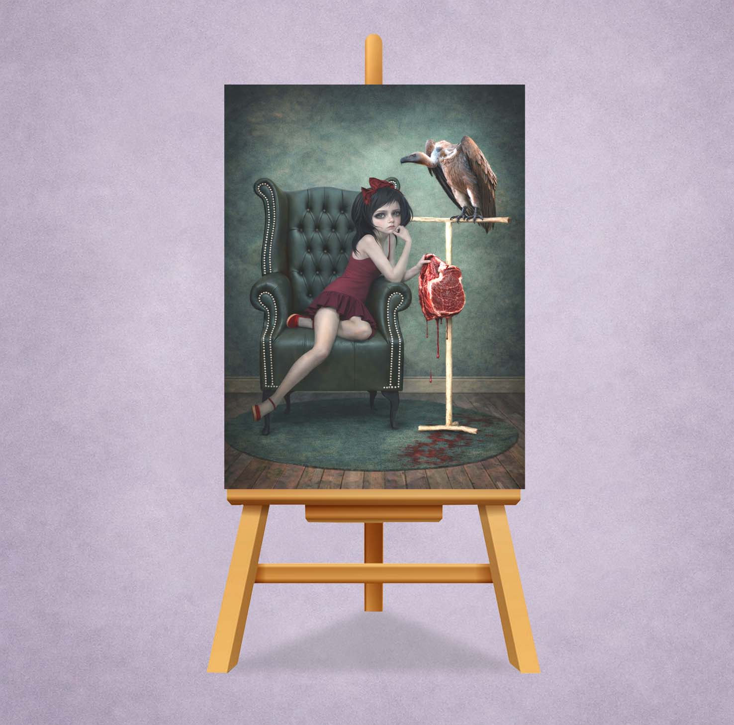 ACEO art print on a miniature display stand featuring a surrealism illustration of a girl, a vulture, and raw meat.