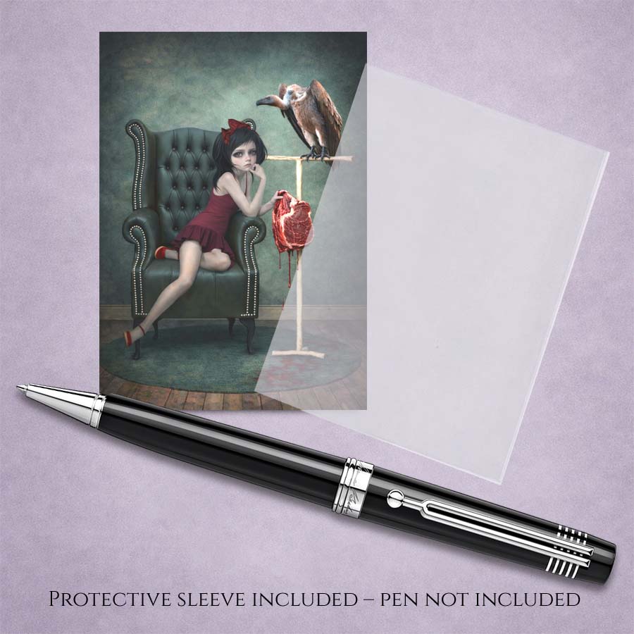 ACEO art card with a girl in a red dress and her pet vulture, accompanied by a pen and protective sleeve on a purple background.