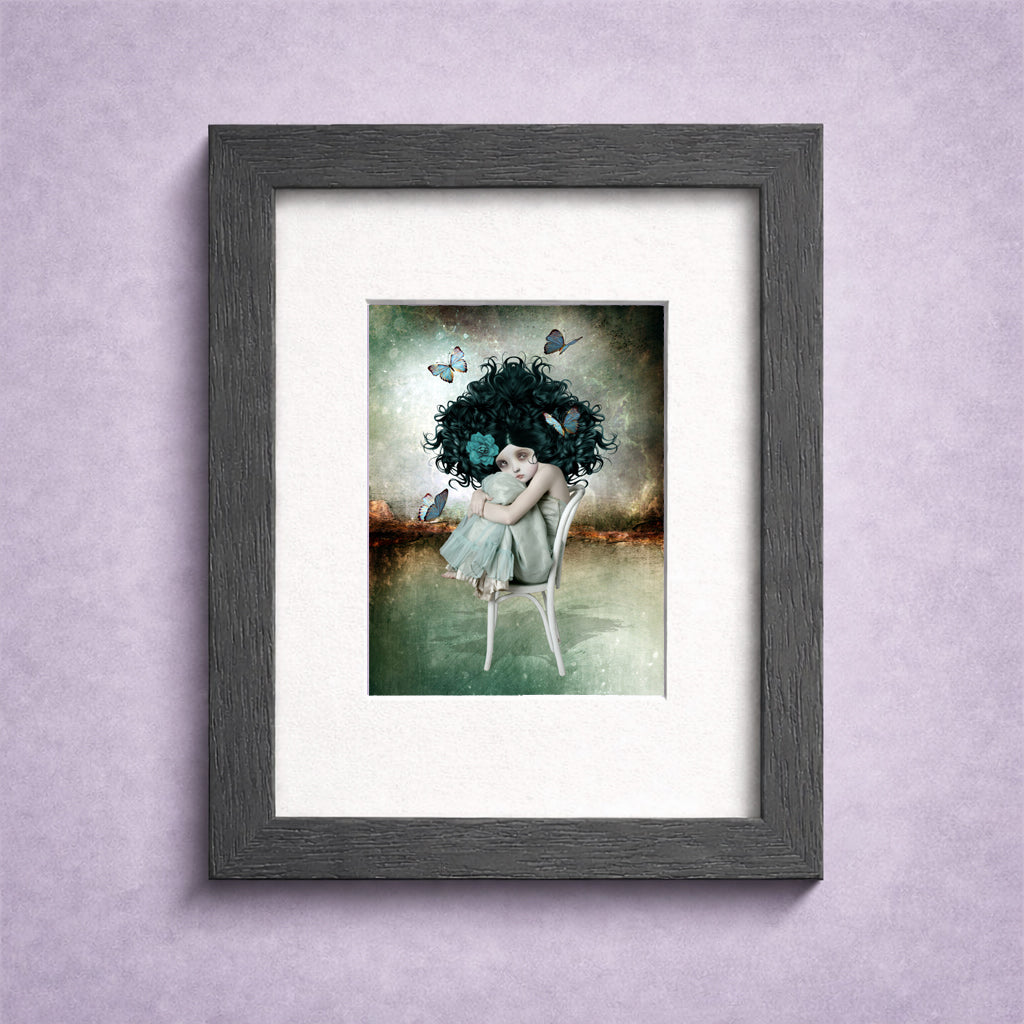 Framed ACEO artwork of a girl dark hair and butterflies against a purple wall.