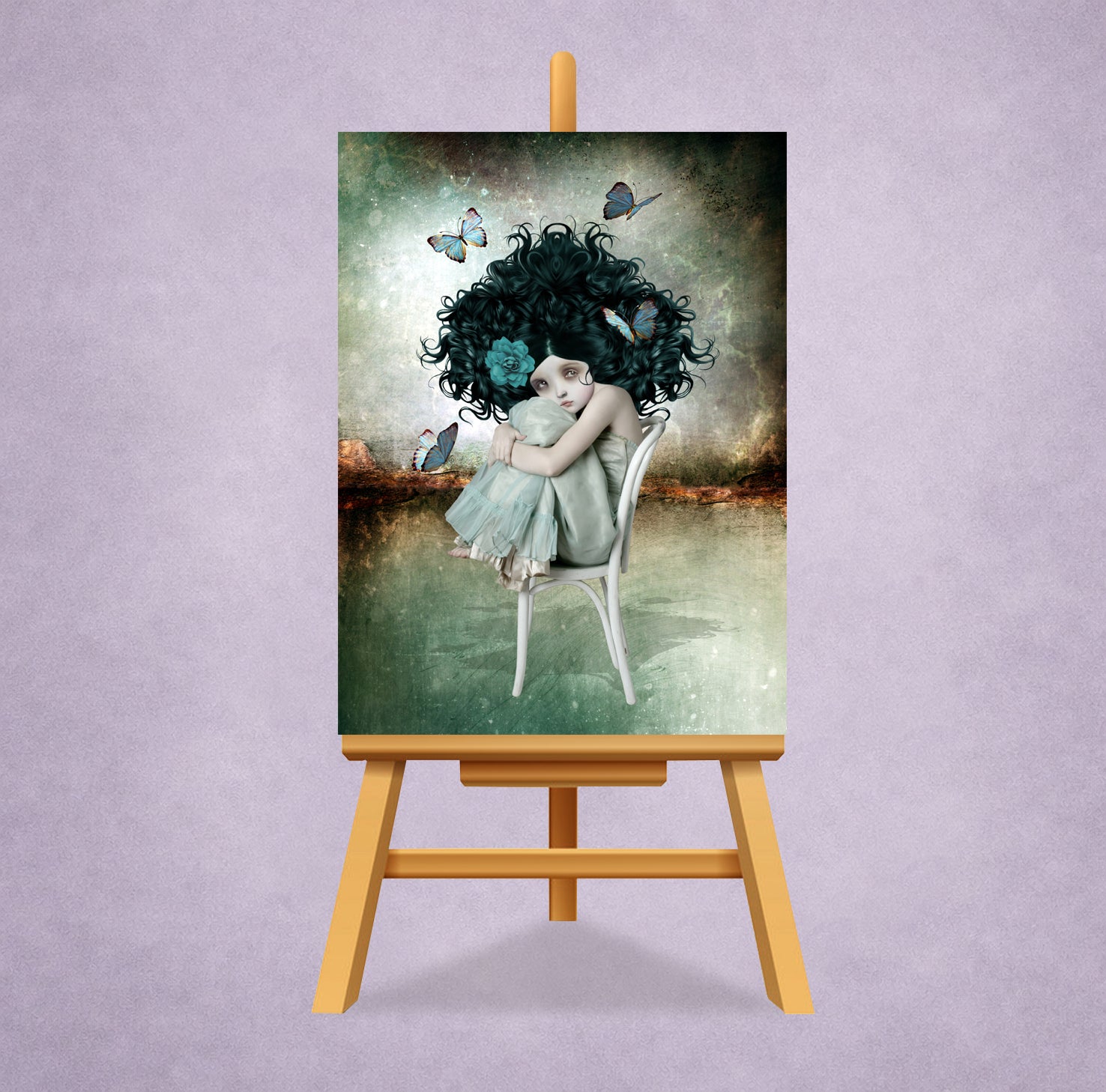 ACEO art card of a girl with dark hair and butterflies on an easel against a purple background