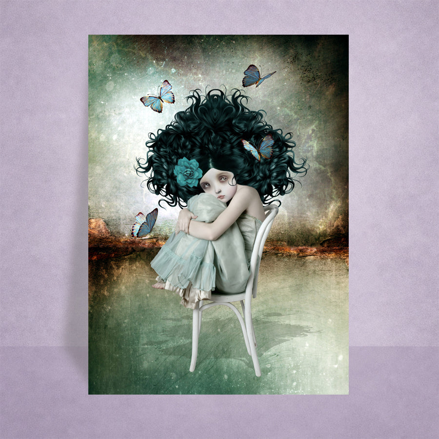 Girl &  Blue Butterflies ACEO Art Card On A Lilac Background.