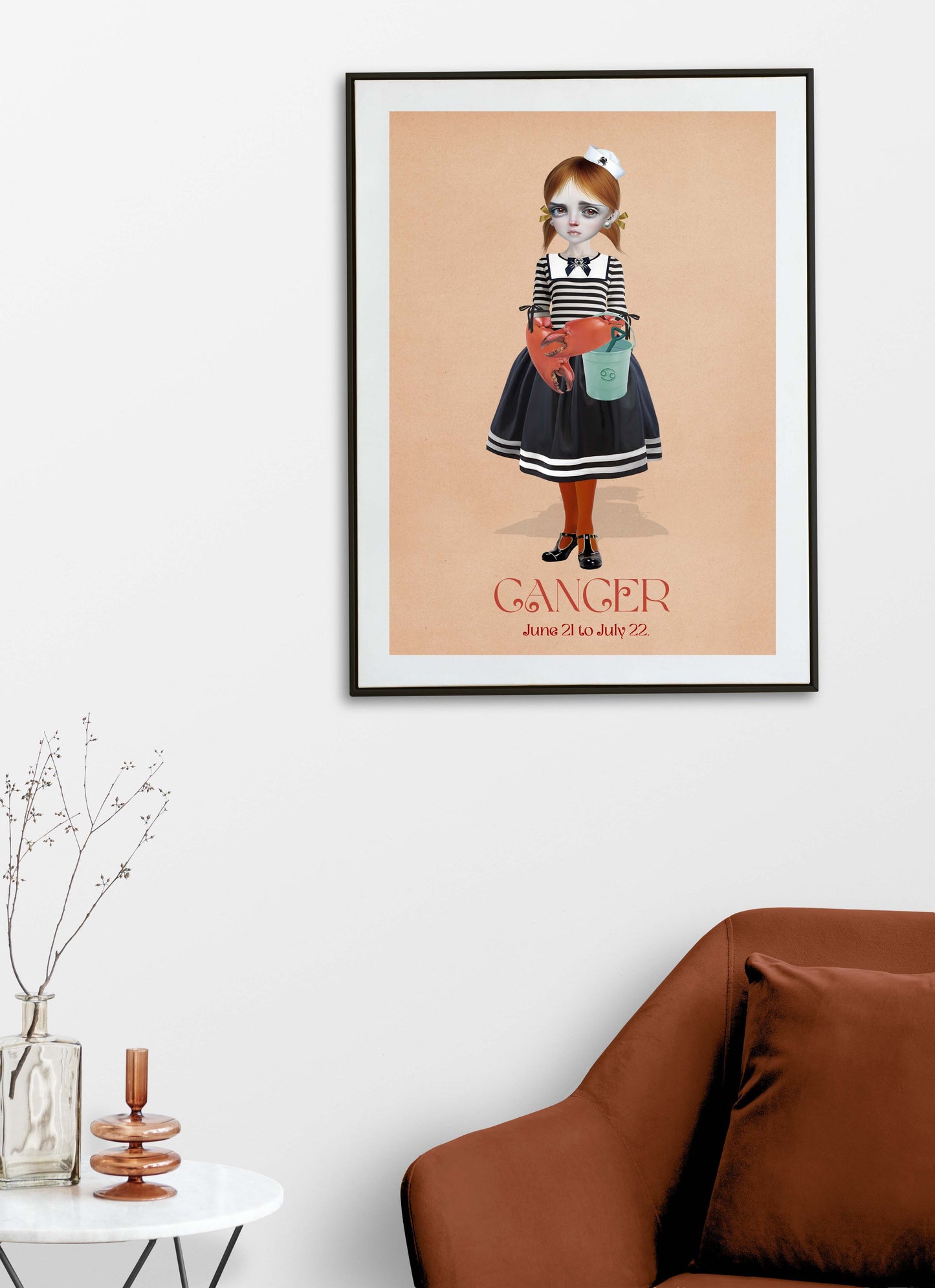 Girl representing Cancer art print hanging on the wall of a modern living room. Perfect for adding a touch of astrology to your home decor.