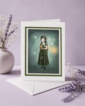 whimsical gothic greeting card by HarrietsImagination. Features a girl catching ghosts in a jar.