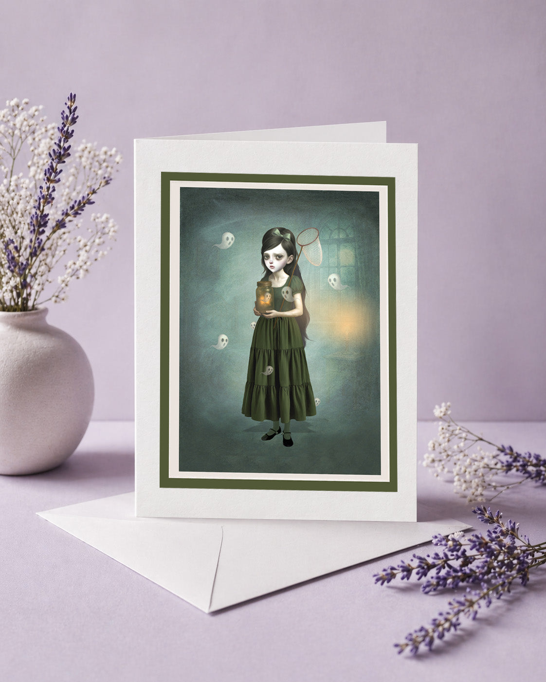 whimsical gothic greeting card by HarrietsImagination. Features a girl catching ghosts in a jar.