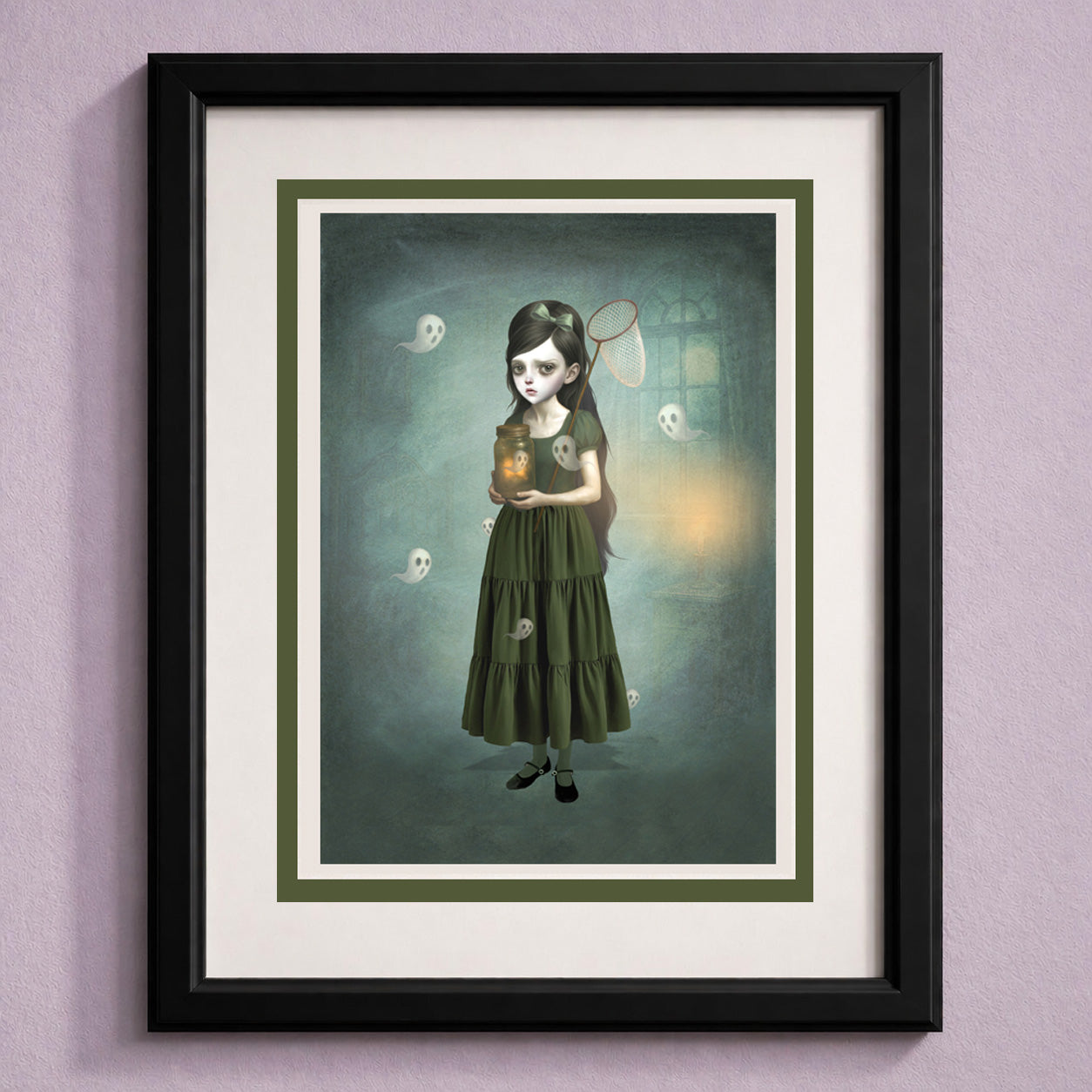 Framed art greeting card  of a girl catching ghosts in a jar.