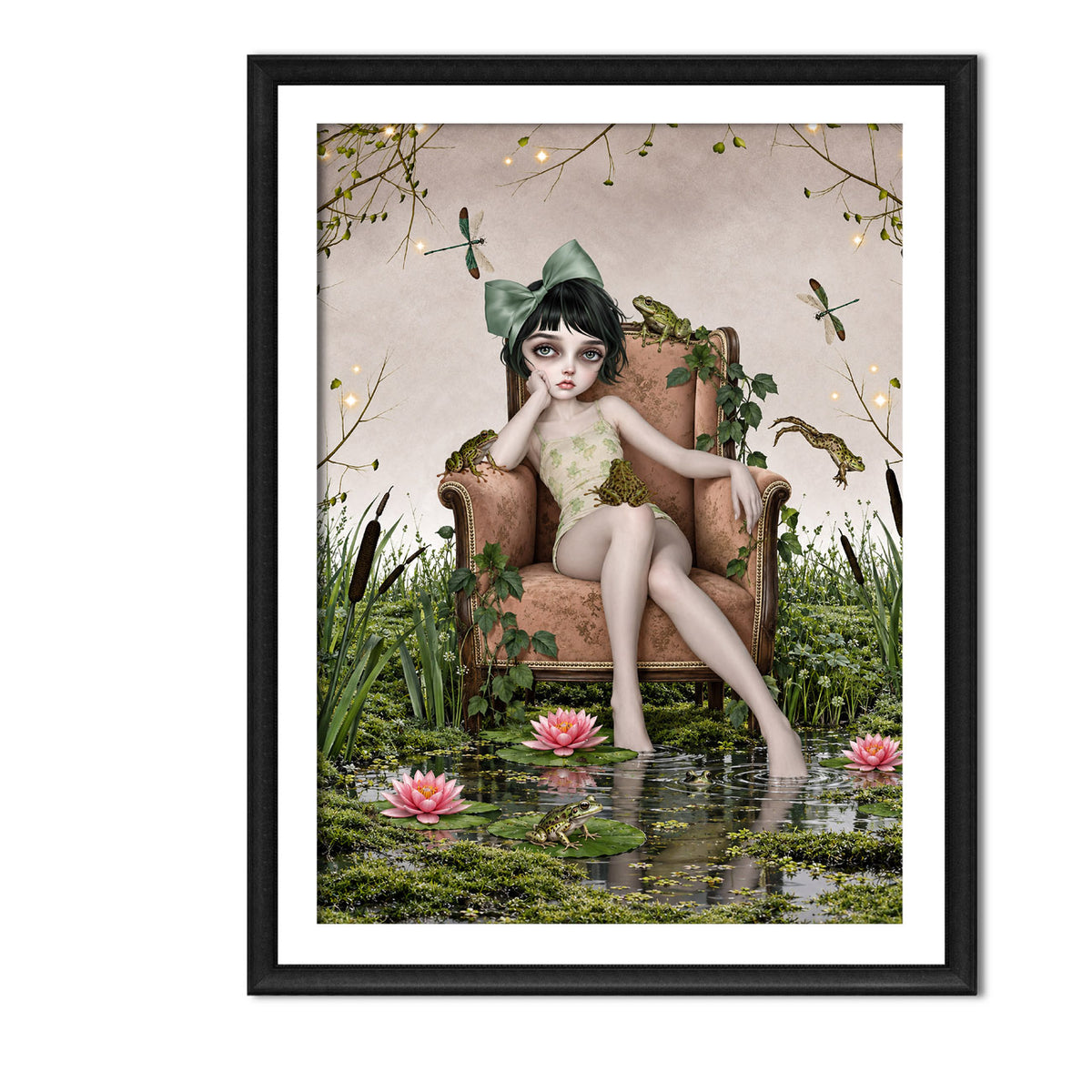 Dark cottagecore fine art print in an A4 Frame featuring a girl on an armchair in an enchanted lily pond with frogs and dragonflies.
