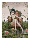 Dark cottagecore fine art print featuring a girl on an armchair in an enchanted lily pond with frogs and dragonflies.