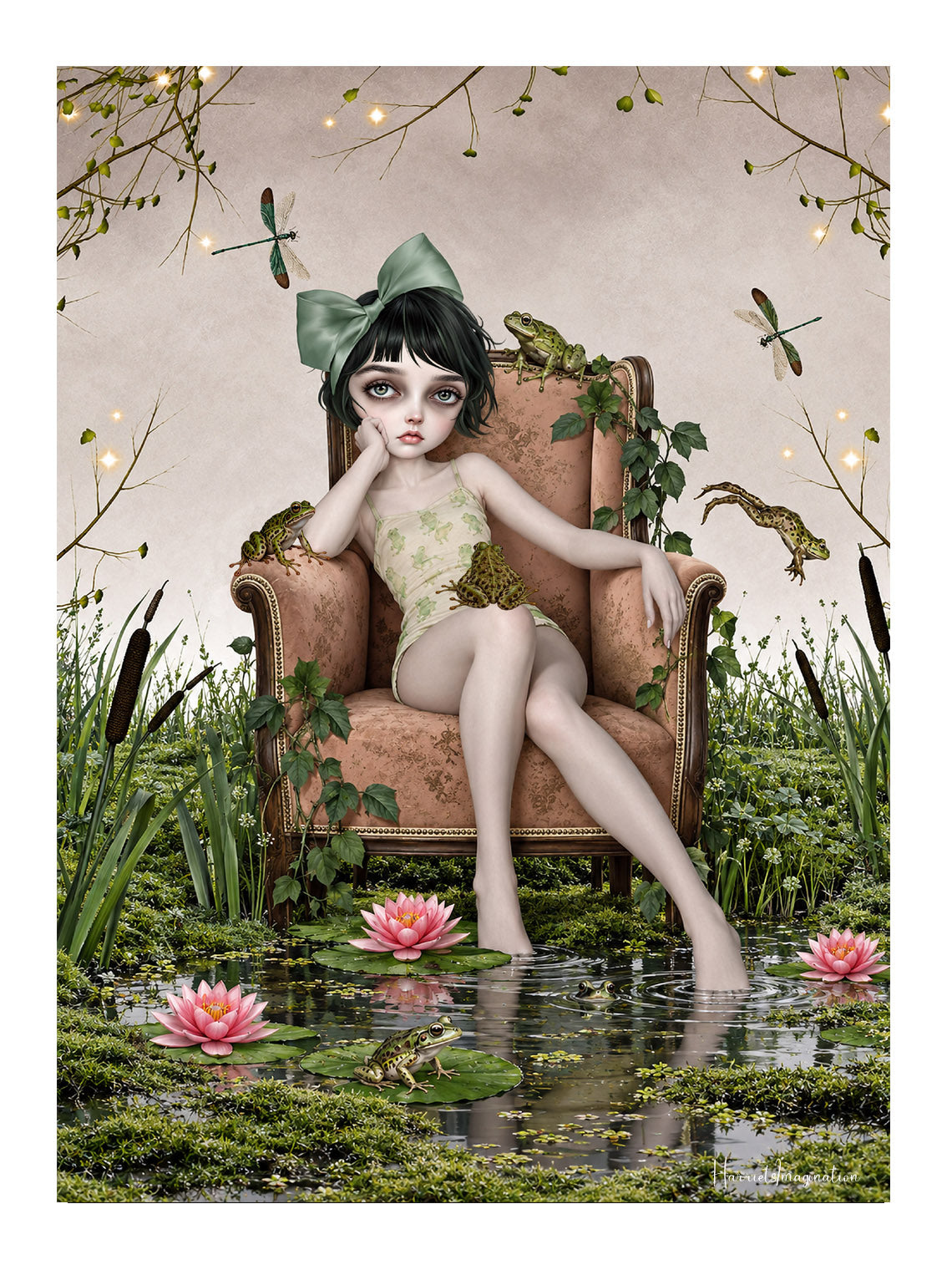 Dark cottagecore fine art print featuring a girl on an armchair in an enchanted lily pond with frogs and dragonflies.