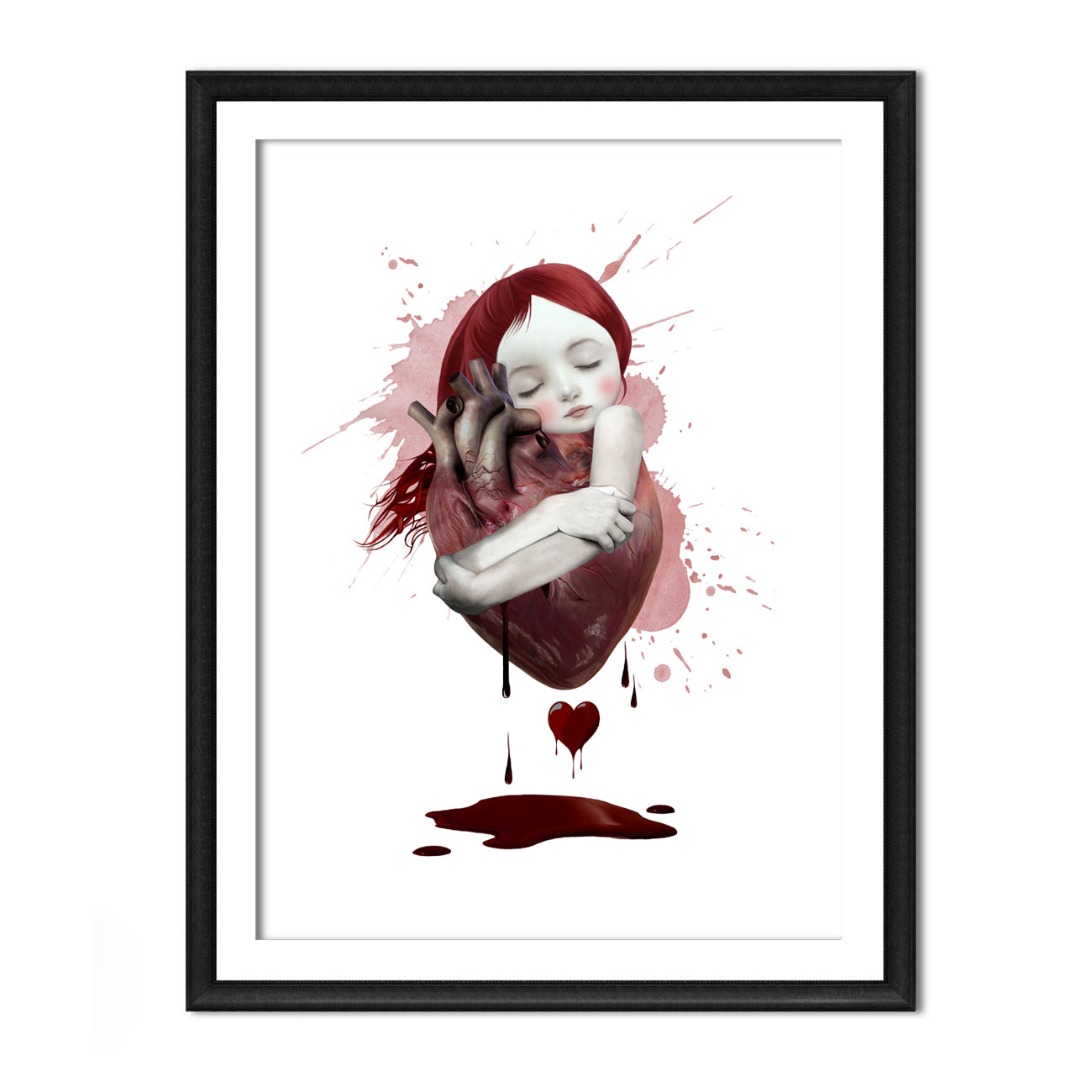 Emotional Art Print featuring a young girl hugging an oversized, bloody anatomical heart.