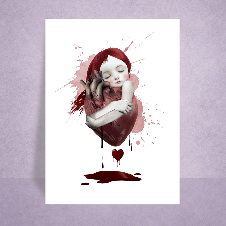 surreal ACEO art card features a red hair girl hugging an anatomical heart,