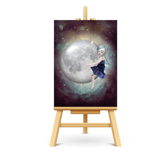  ACEO artist trading card features a girl embracing the moon in outer space. 