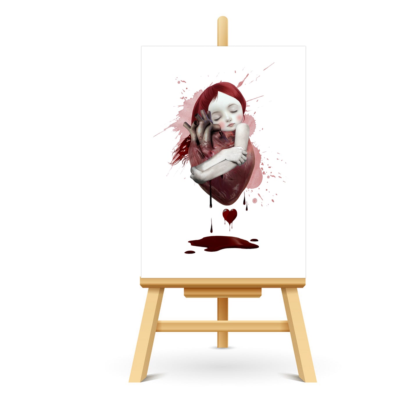 ACEO Artist Trading Card features a surrealistic miniature art of a girl tenderly embracing an anatomical heart.