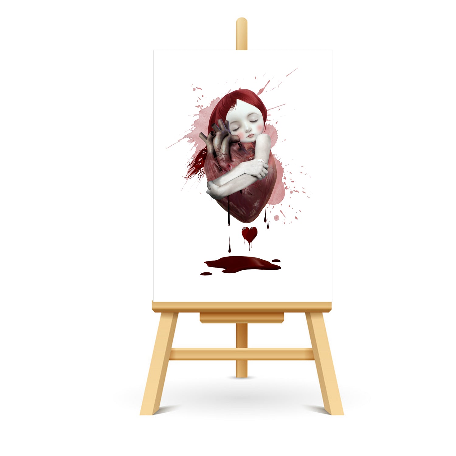 ACEO Artist Trading Card features a surrealistic miniature art of a girl tenderly embracing an anatomical heart.