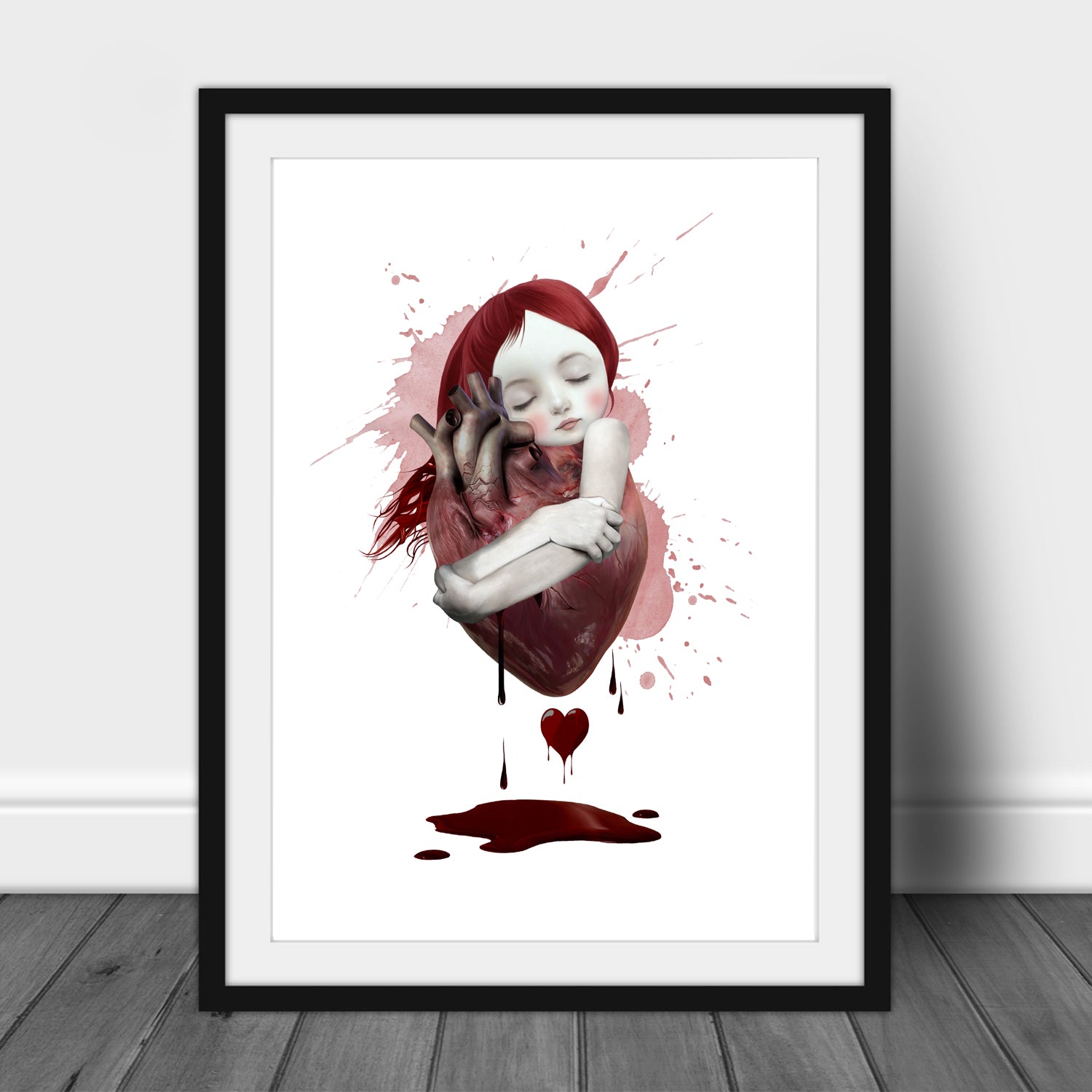 Human heart Art Print featuring a young girl hugging an oversized, bloody anatomical heart.