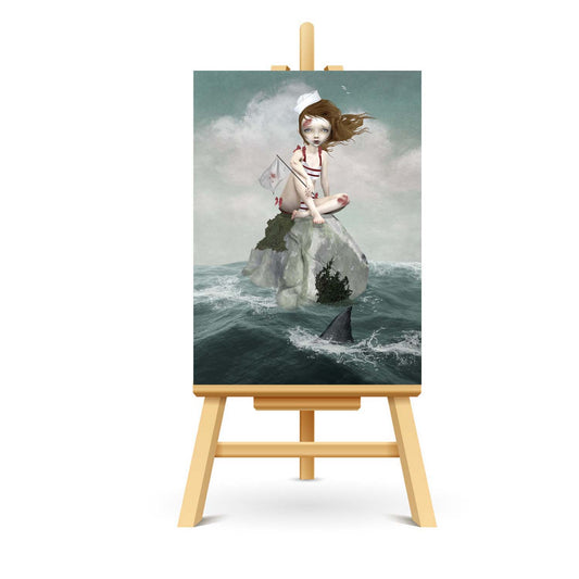 Girl In shark infested waterd ACEO art displayed on a stand. Nautical miniature art print showcasing pop surrealism style.
